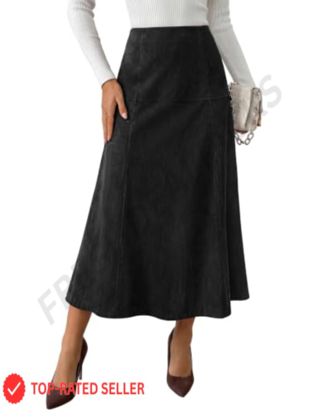 Faux Suede High Waist A-Line Midi Skirt for Work Office Business Casual